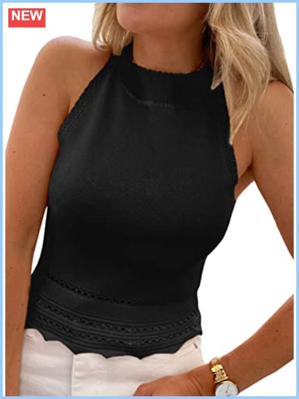 Ribbed Knit Halter Crop Tank Top Scalloped Hem High Neck Slim Fit